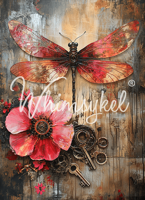 Whimsykel Designs Industrial Bloom decoupage tissue paper, 18 lb weight, 14x20 and 21x29 sizes with dragonfly and flower