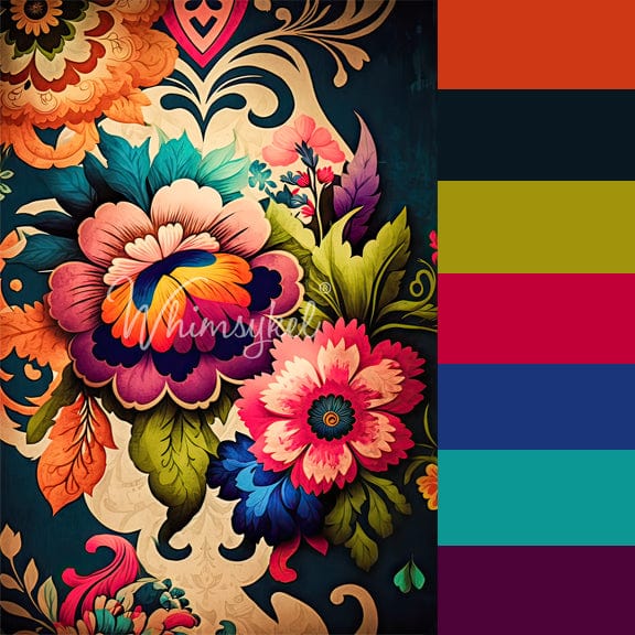 Close-up of vibrant boho floral patterns on tissue paper showing intricate watercolor details and soft color blending.