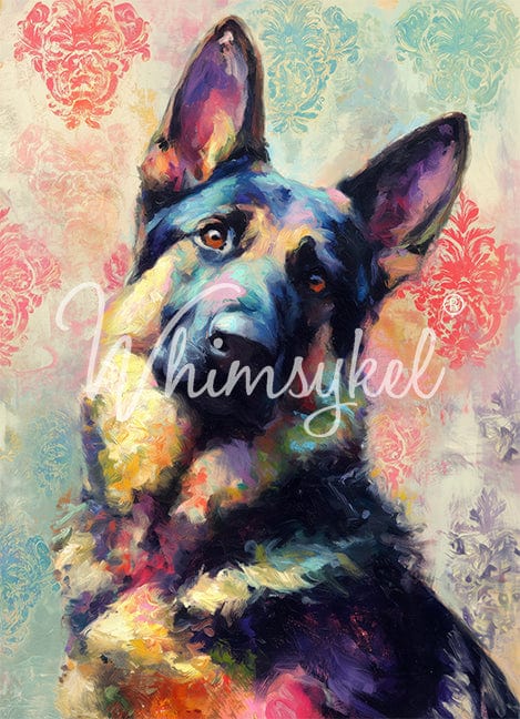 German Shepherd dog illustration on Whimsykel Designs 21x29 inch decoupage tissue paper with vibrant colors and detailed