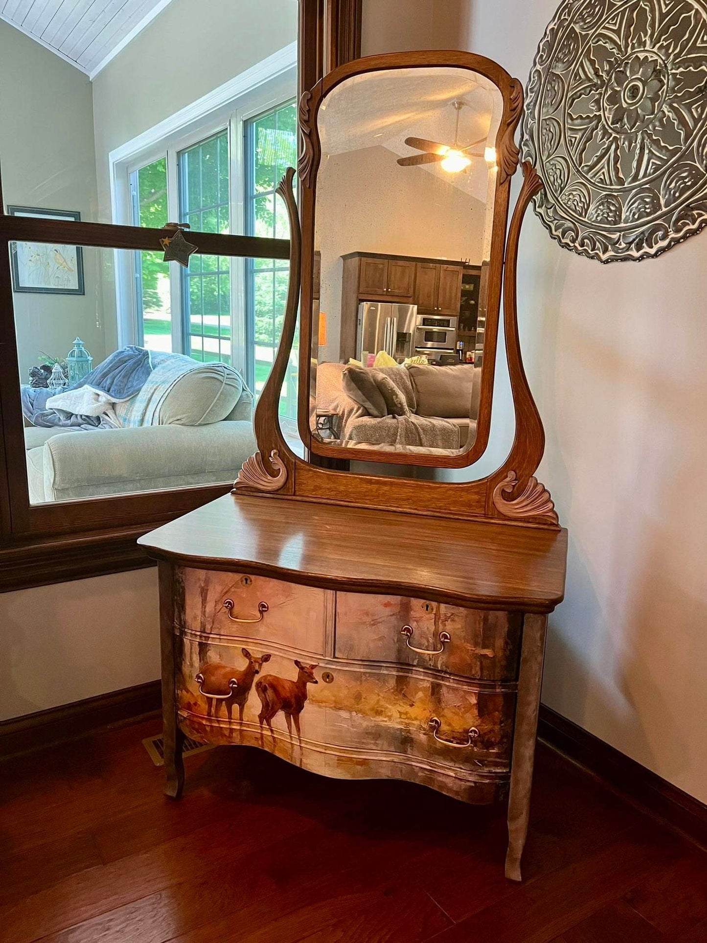 Close-up of woodland-themed rice decoupage paper’s detailed forest scene with textured paper fibers and vibrant green and