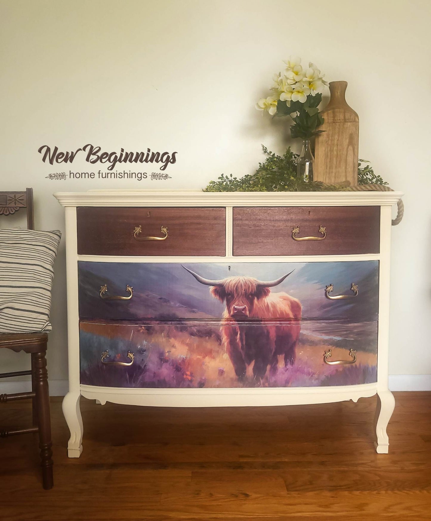 Close-up of the textured tissue paper featuring vibrant Highland cow floral patterns and detailed decoupage design.