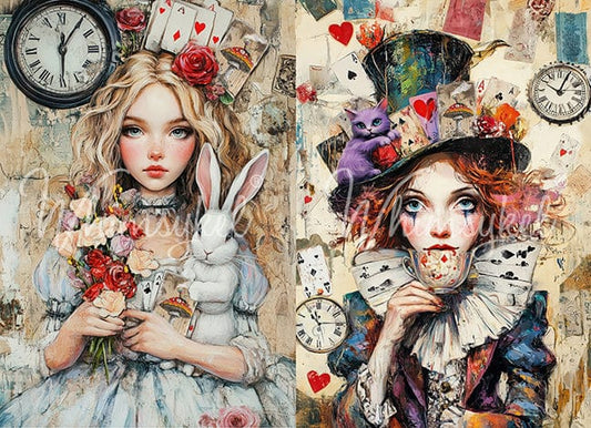 Allison/Mattie Duo 18lb decoupage tissue paper with Alice in Wonderland design, 21x29 inches, whimsical fantasy print by