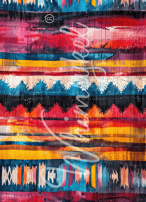 Close-up of torn tissue paper edges showing vibrant boho pattern in warm earth tones, 21x29-inch decoupage sheet detail
