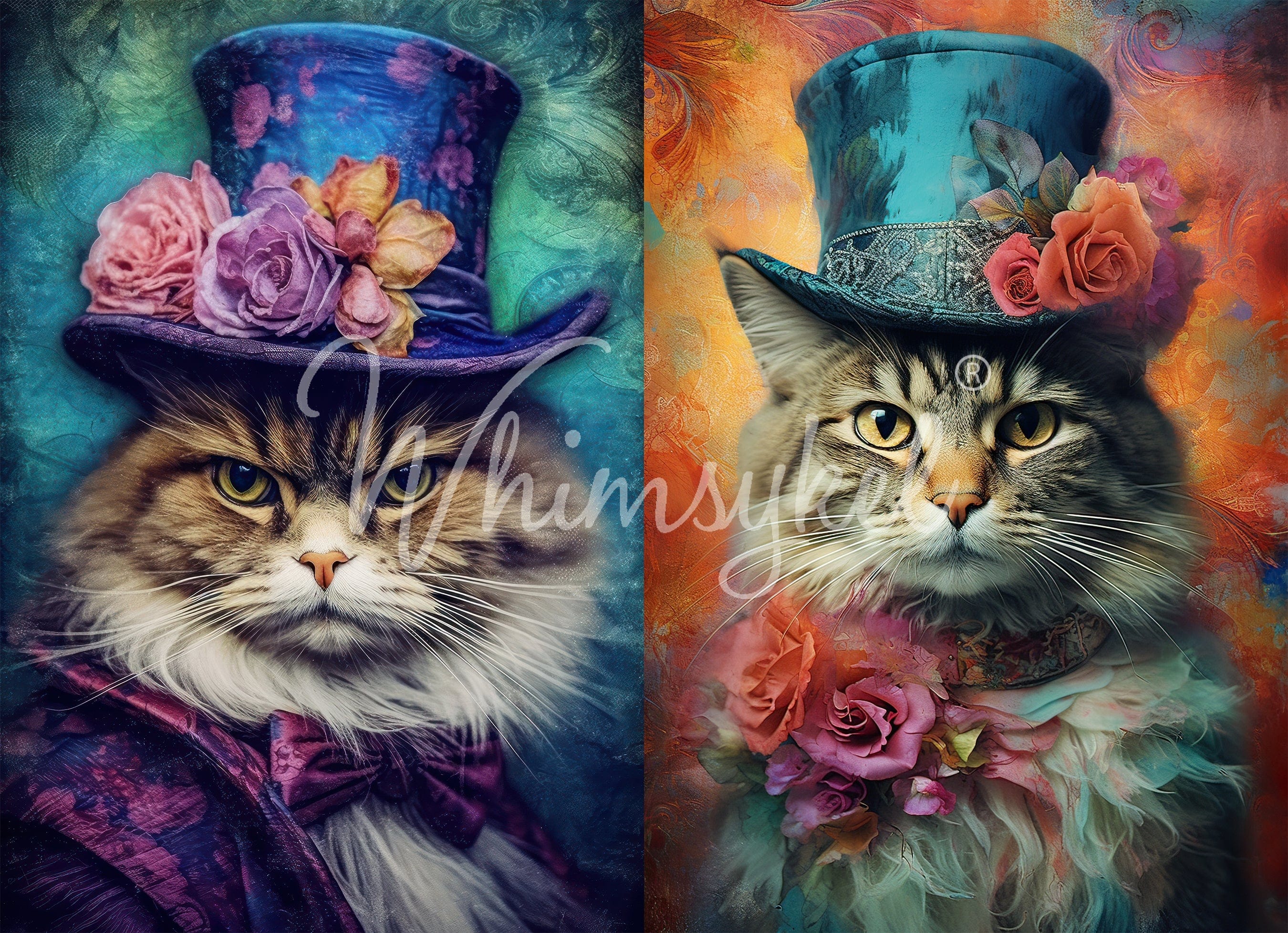 Duo Cats decoupage tissue paper featuring whimsical cat designs, 21x29 inches, by Whimsykel Designs, with colorful feline