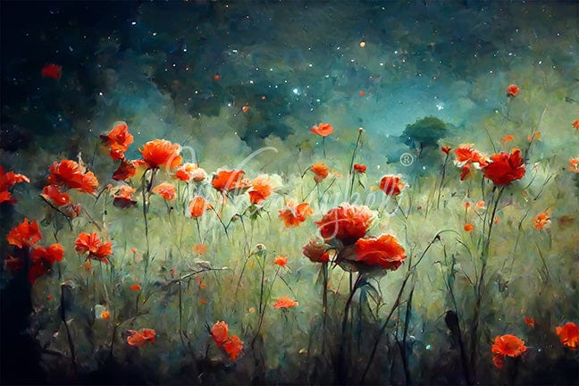 Field of vibrant red poppies on 18 lb decoupage tissue paper, 21x29 inches, by Whimsykel Designs, featuring floral patterns