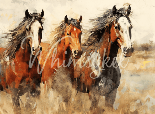 Graceful Steeds decoupage tissue paper featuring three brown horses in landscape design, available in 14x20 and 21x29 inches