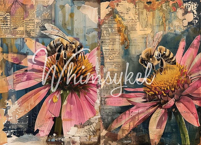 Whimsykel Designs Honey Bee Duo decoupage tissue paper, 21x29 inches, with bee and floral patterns on textured paper, 18 lb