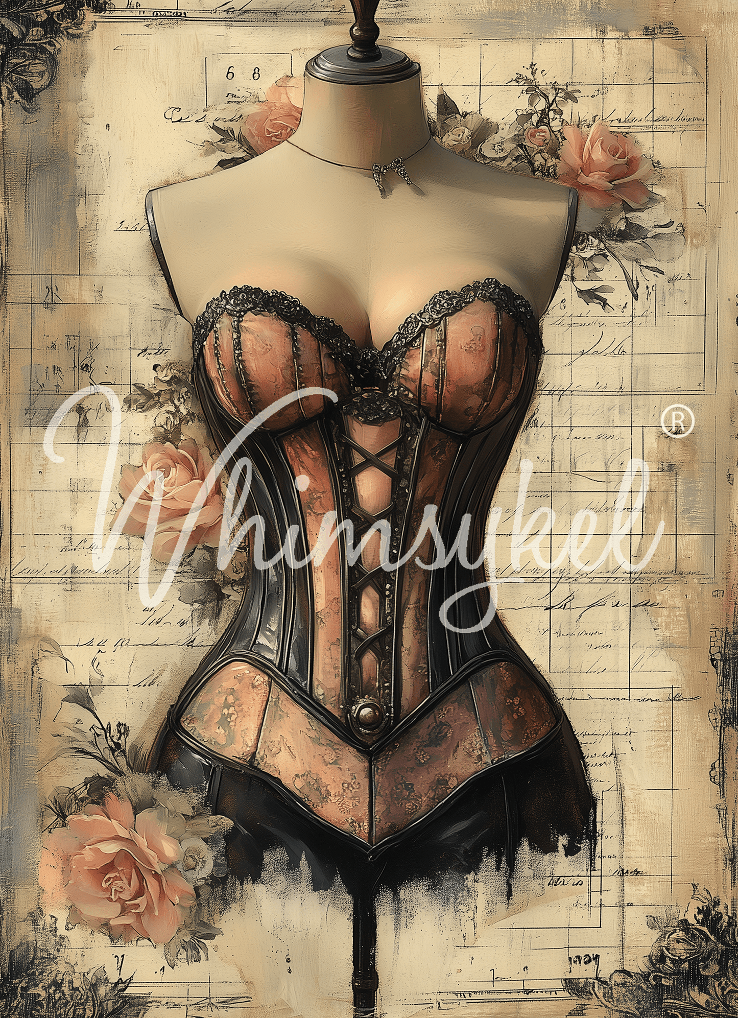 Whimsykel Designs Laced in Time 18 lb decoupage tissue paper featuring feminine corset and mannequin portraits, 21x29
