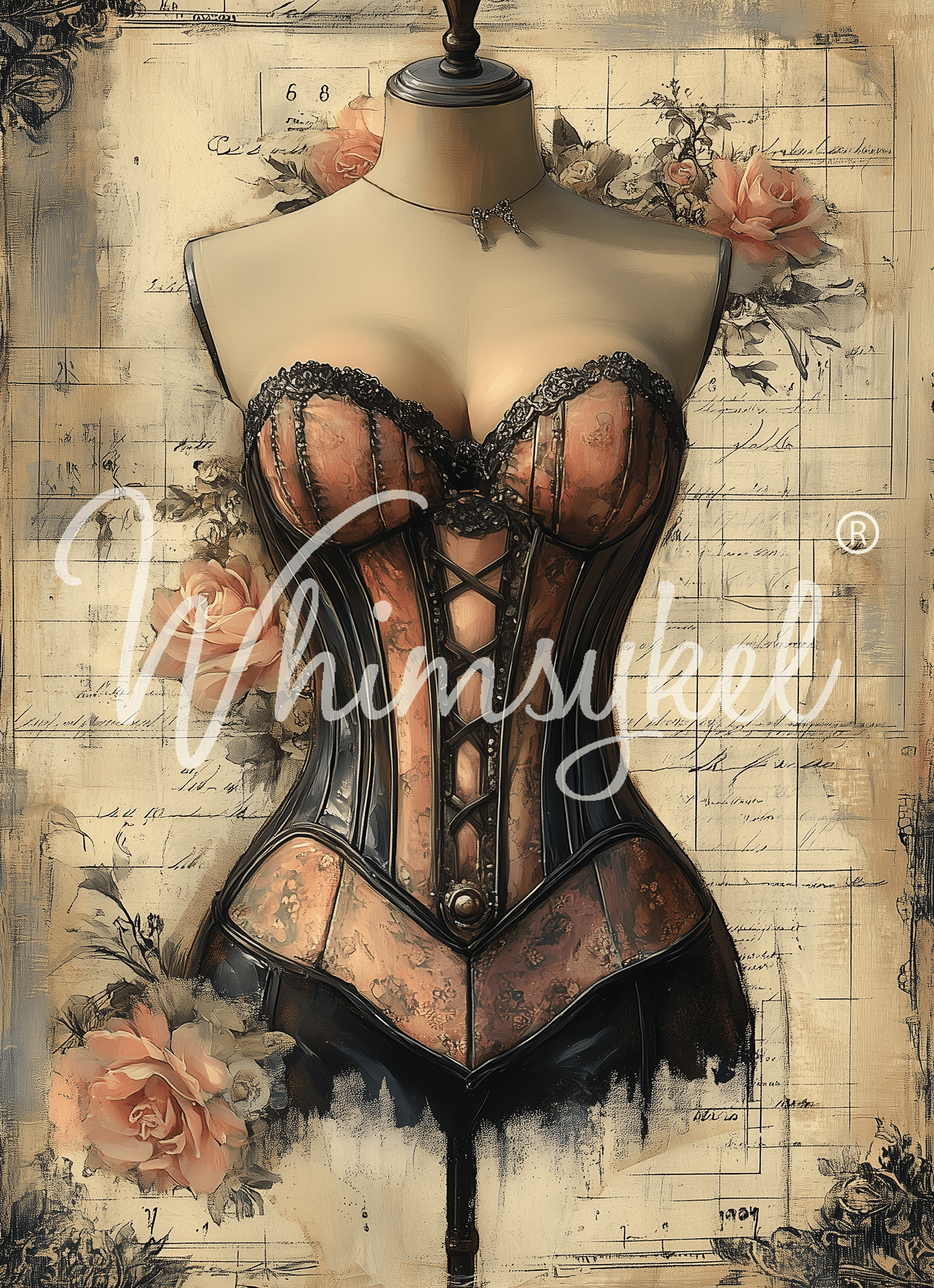 Whimsykel Designs Laced in Time 18 lb decoupage tissue paper featuring feminine corset and mannequin portraits, 21x29