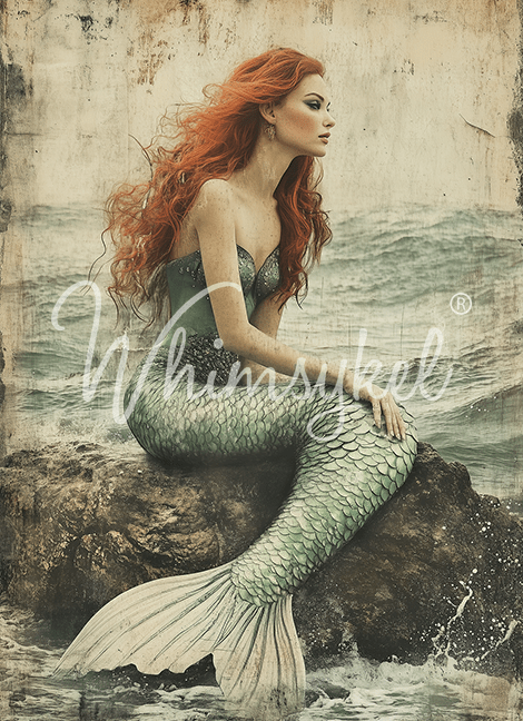 Maiden of the Sea decoupage tissue paper by Whimsykel Designs, 18 lb lightweight, vertical portrait of mermaid with feminine