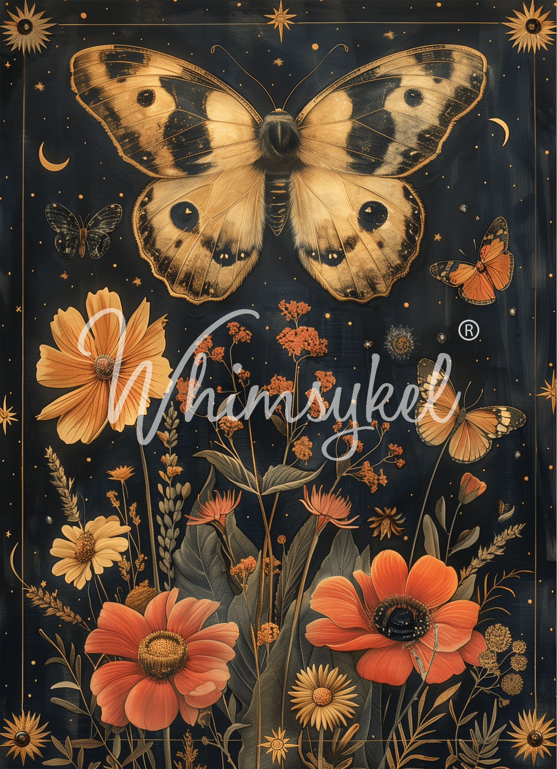 Midnight Moth 18lb decoupage tissue paper featuring a detailed moth design with dark blue and gray hues, 21x29 inches