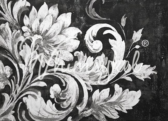 Whimsykel Designs Noir Brocade decoupage tissue paper in 18 lb weight, featuring baroque floral pattern in vintage style