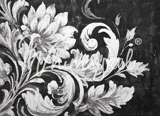Whimsykel Designs Noir Brocade decoupage tissue paper in 18 lb weight, featuring baroque floral pattern in vintage style