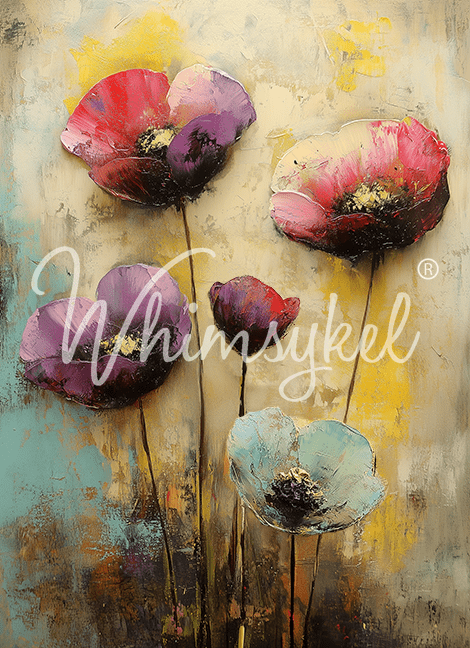 Painted poppies on 18 lb decoupage tissue paper, 21x29 inches, featuring vibrant red, orange, and green floral designs by