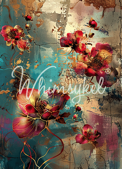 Whimsykel Designs Patina Petals 18lb decoupage tissue paper with floral patterns in soft pink, green, and beige, 14x20