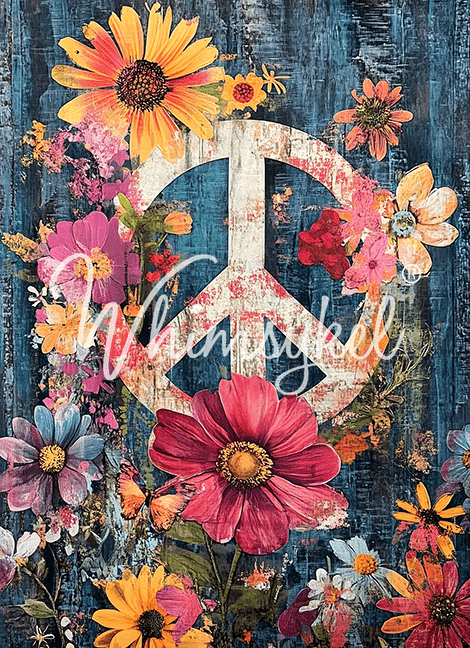 Whimsykel Designs Petals of Peace decoupage tissue paper, 18lb weight, 21x29 inch sheet featuring 1960s floral and