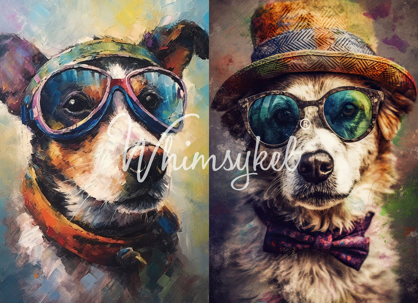 Rascal/Doogee Duo decoupage tissue paper featuring playful dog with glasses and hat, 21x29 inches, whimsical design by