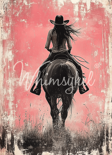 Whimsykel Designs Riding Solo 18 lb decoupage tissue paper with cowgirl, horse and rider, floral pattern in soft pinks and