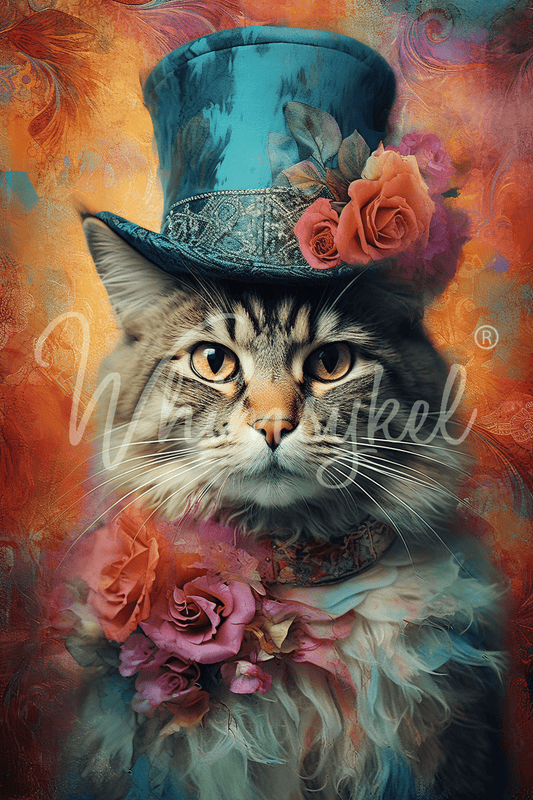 Whimsykel Designs Riley Cooper 18 lb decoupage tissue paper featuring whimsical cat with hat in vibrant colors, 21x29