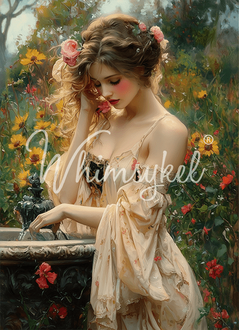Whimsykel Designs rosewater fountain featuring 18 lb decoupage tissue paper with Victorian girl portrait in pink and cream