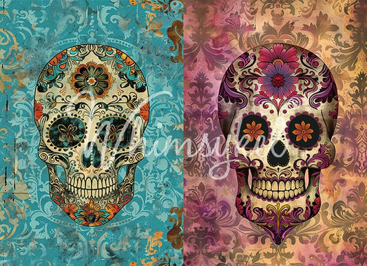 Close-up of vibrant, multicolored decoupage tissue paper with layered floral patterns and textured surface detail