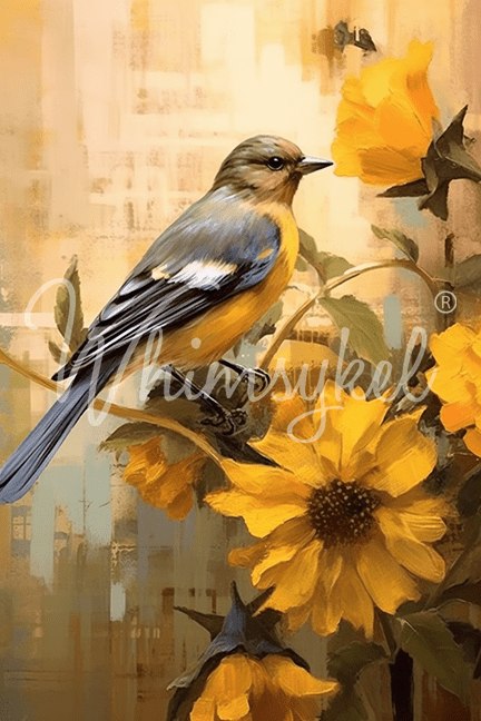 October Bluebird decoupage tissue paper, 14x20 inches, featuring detailed bird and floral designs in shades of blue and