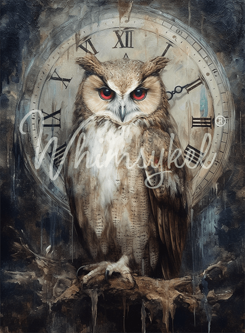 Whimsykel Designs Timekeeper 18 lb decoupage tissue paper featuring white owl illustration in two sizes with textured paper