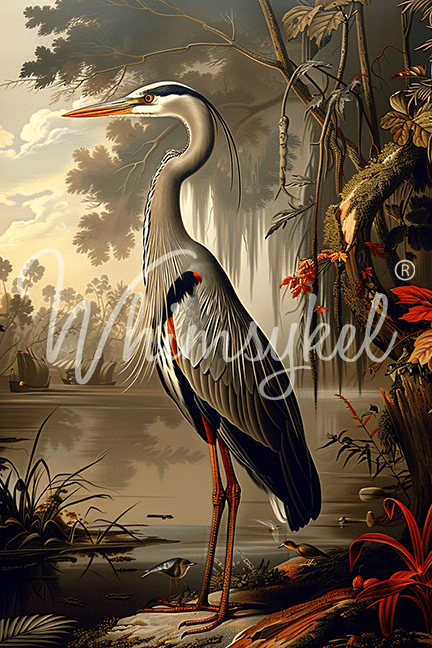 Vintage Heron decoupage rice tissue paper featuring detailed bird illustration, 20x30 inches, art style inspired by