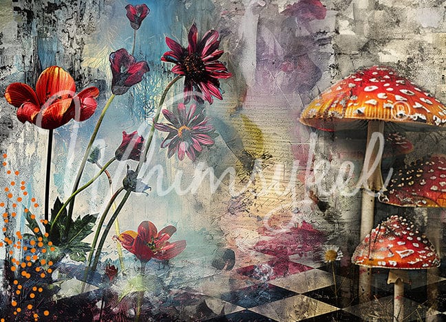 Whimsykel Wonderland 18lb decoupage tissue paper with whimsical fantasy landscape pattern in vibrant colors, 14x20 and 21x29