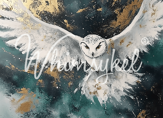 Customized Tissue Paper Snow Owl design with rice decoupage texture, horizontal landscape layout featuring detailed