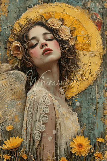 Whimsykel Designs Celestial Gaze decoupage tissue paper featuring angel motif, whimsical fantasy design, 21x29 inches, 18 lb