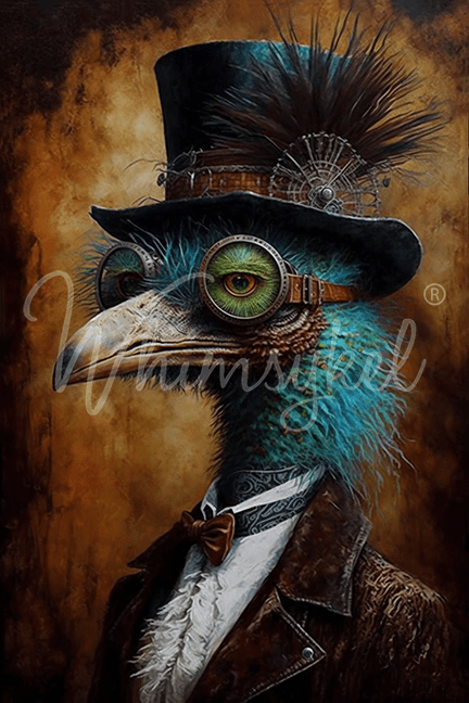 Cogsworth decoupage tissue paper by Whimsykel Designs, 18 lb weight, featuring anthropomorphic animals, birds, ostriches, in