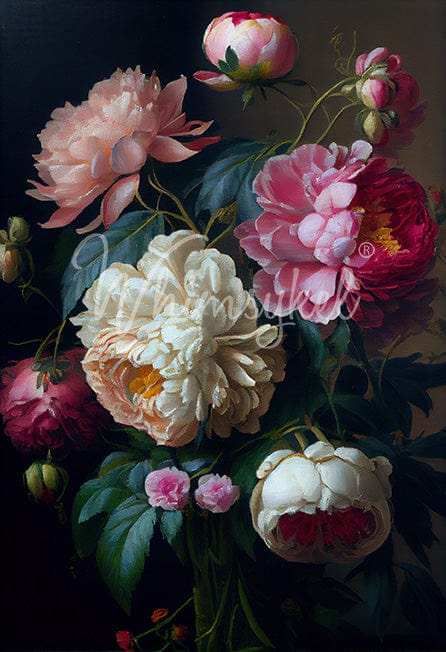 Baroque Peonies decoupage tissue paper by Whimsykel Designs, 14x20 and 21x29 inches, floral nature print, vertical layout