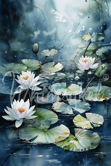 Whimsykel Designs 18 lb decoupage tissue paper featuring blue waterlilies, 21x29 inches, with floral watercolor texture