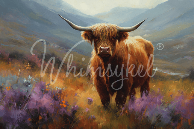 Whimsykel Designs Flora Highland Cow decoupage tissue paper, 18 lb, 14x20 inches with detailed Highland cow and mountain