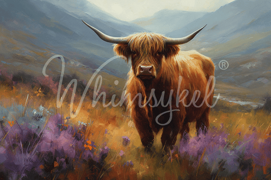 Whimsykel Designs Flora Highland Cow decoupage tissue paper, 18 lb, 14x20 inches with detailed Highland cow and mountain