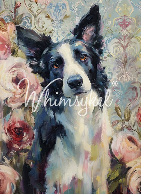 Whimsykel Designs 18 lb decoupage tissue paper featuring a vertical illustration of a Border Collie dog in shades of blue