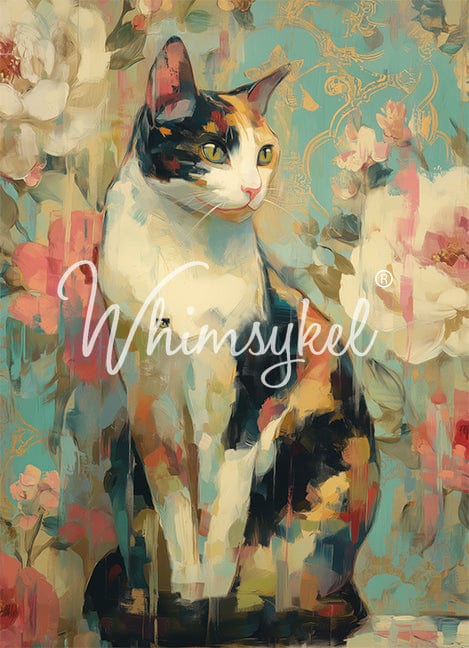 Calico cat image on 21x29 decoupage tissue paper by Whimsykel Designs featuring colorful orange, black, and white feline