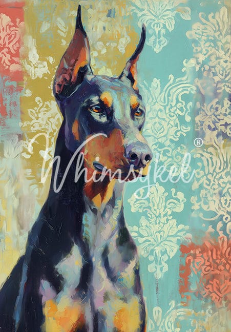 Customized Tissue Paper Doberman design with rice decoupage pattern, vertical layout, vibrant colors, and textured finish