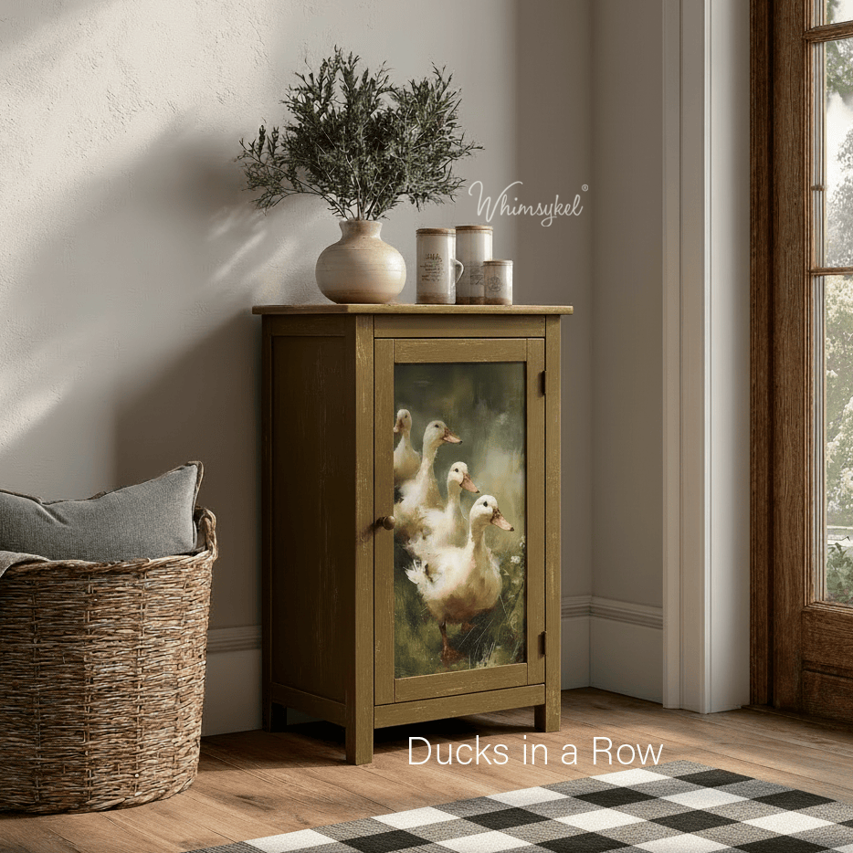 Close-up of vibrant ducks in various colors and intricate feather details on the decoupage tissue paper surface