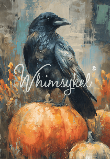 Fall Raven tissue decoupage paper with rice pattern, vertical layout, orange, black, and brown hues, customized by