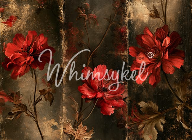 A vintage-style floral artwork featuring large red flowers and brown leaves against a distressed dark background, with a large white script watermark reading 'Whimsykel' across the center.