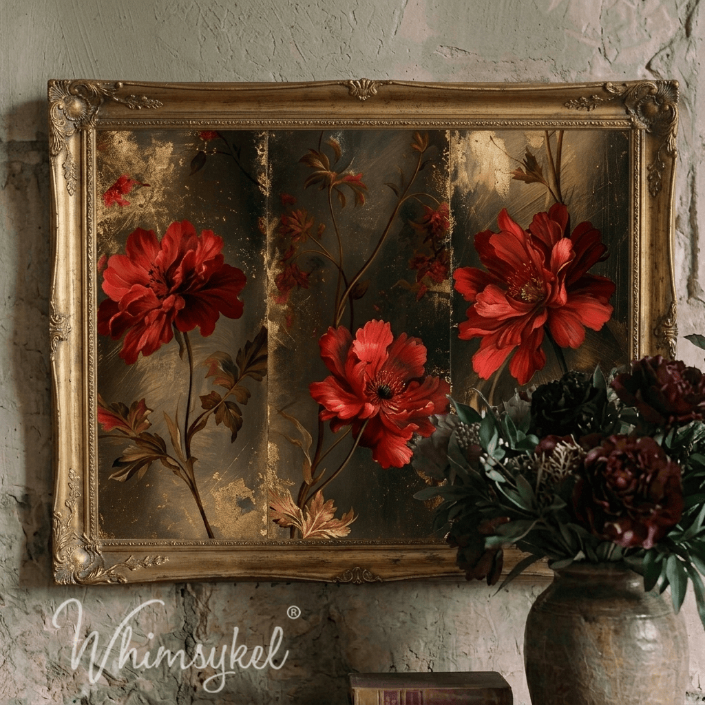 An ornate vintage-style framed wall art piece with a gold frame, featuring large red flowers and dark foliage on a muted brown background, displayed against a textured wall above a vase of flowers. 
