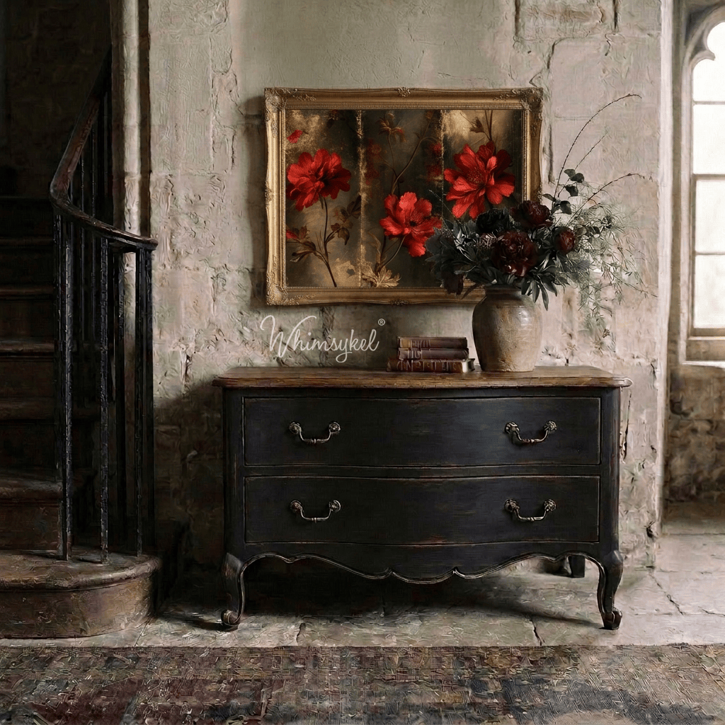 A dark distressed wooden three-drawer dresser in a rustic room setting, topped with a vintage floral mirror and a ceramic vase of red flowers. 
