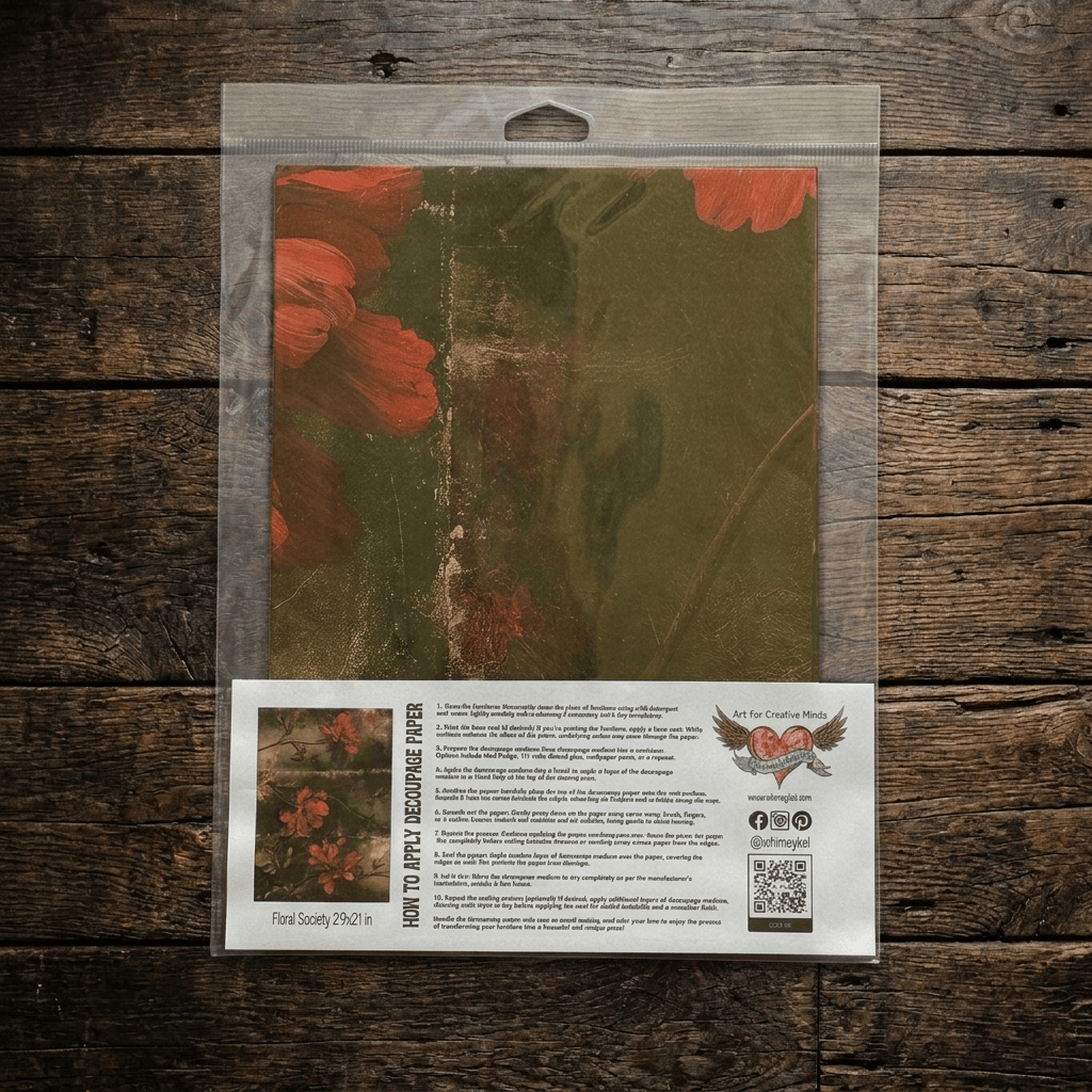 A package of decoupage tissue paper. The product includes a clear plastic bag containing the design Floral Society with instructions.