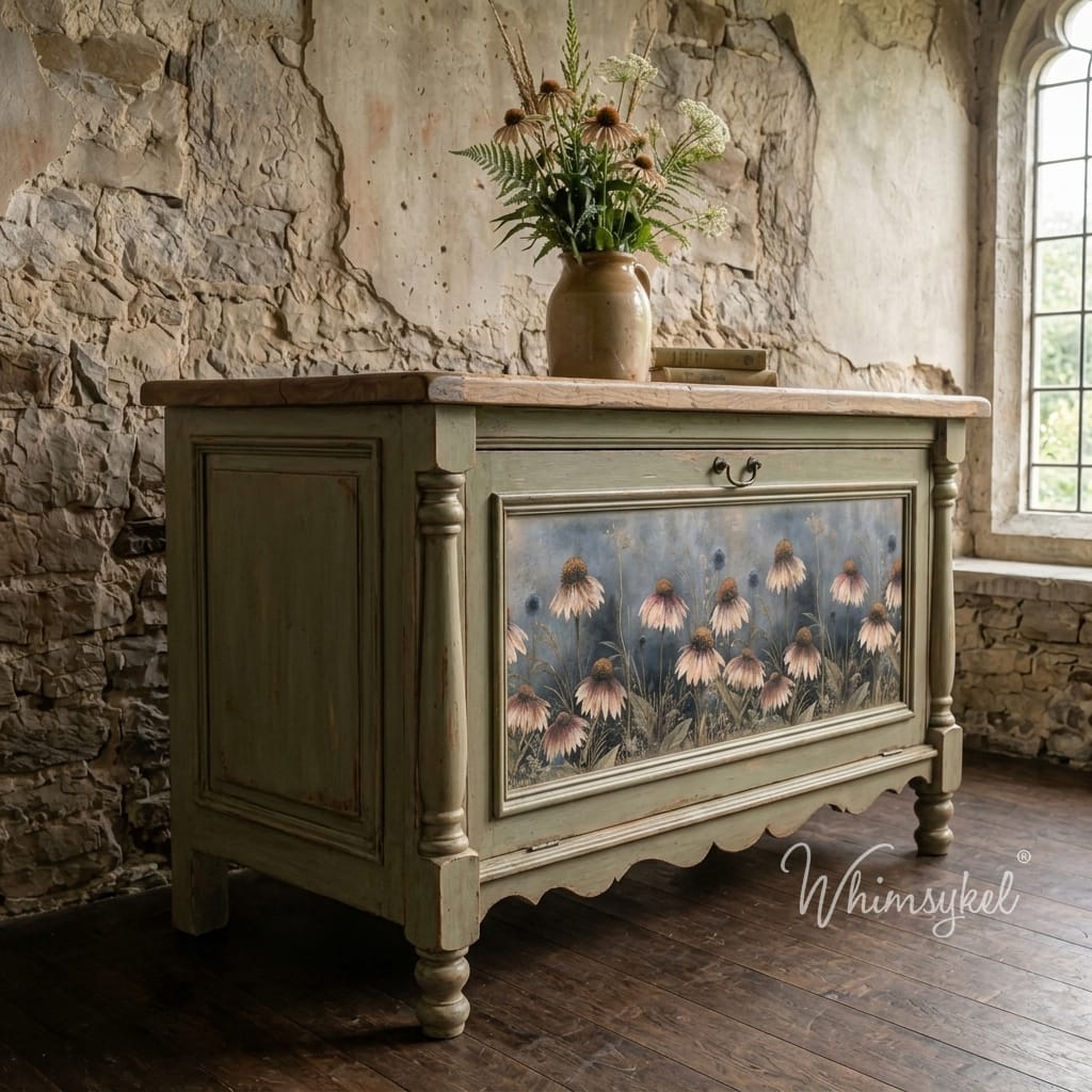 A distressed sage green wooden chest of drawers with 2 floral decoupage papers on the front, styled in a rustic room with a stone wall and a window. A vase of flowers sits on top.
