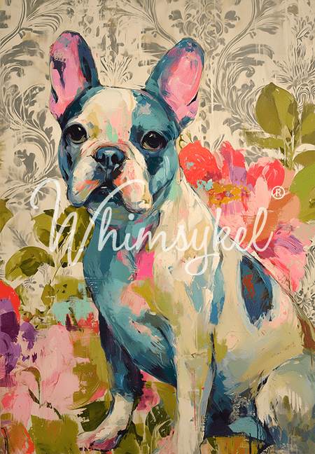 Whimsykel Designs Frenchie decoupage tissue paper, 21x29 inches, colorful dog illustration on textured lightweight paper