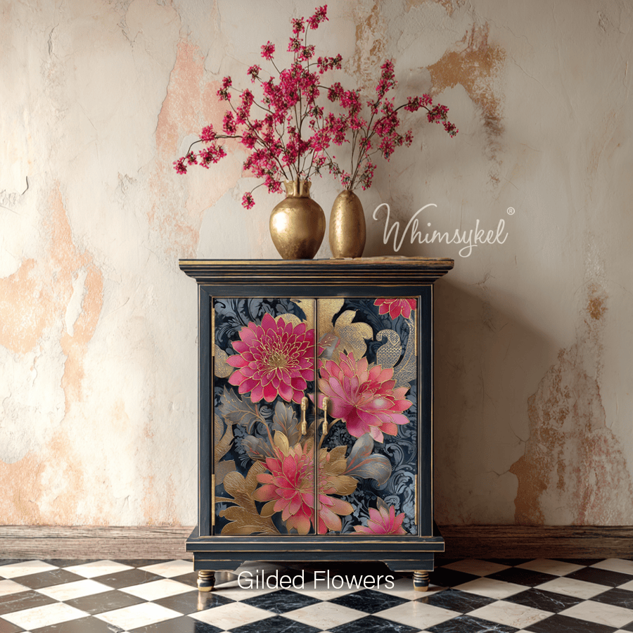 Close-up of vibrant gold floral patterns with textured tissue fibers and subtle wrinkles on 21x29-inch decoupage paper