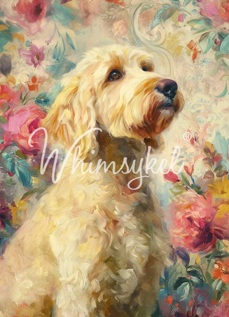 Golden Doodle dog illustration on 21x29 decoupage tissue paper with vertical orientation, Whimsykel Designs