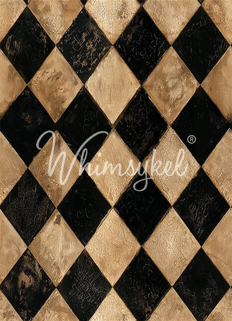 Harlequin Relic decoupage tissue paper featuring a distressed black and antique cream harlequin diamond pattern.